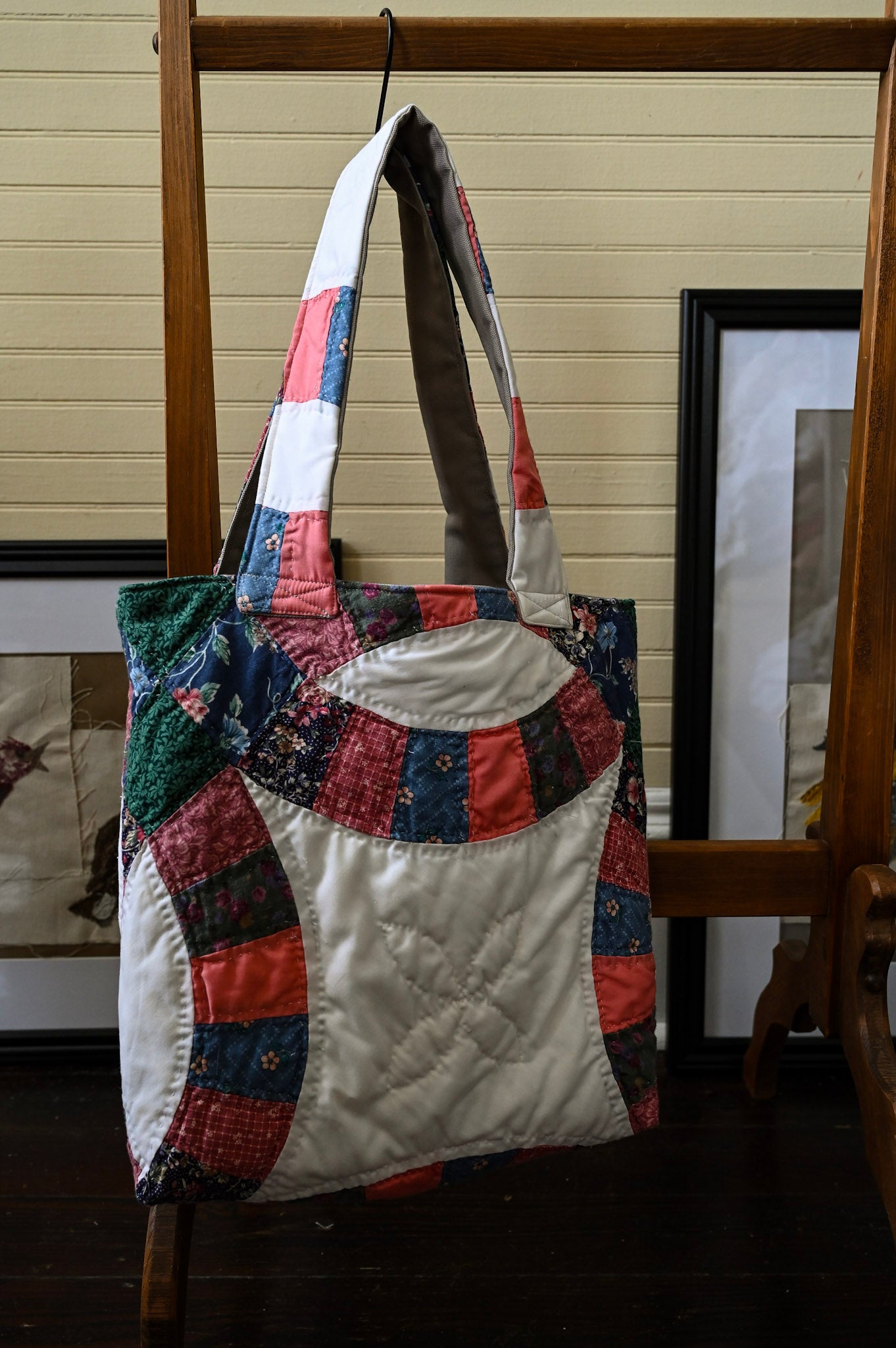 Handmade quilt tote, small market bag upcycled repurposed patchwork fully lined inside pocket pink green blue floral stripes