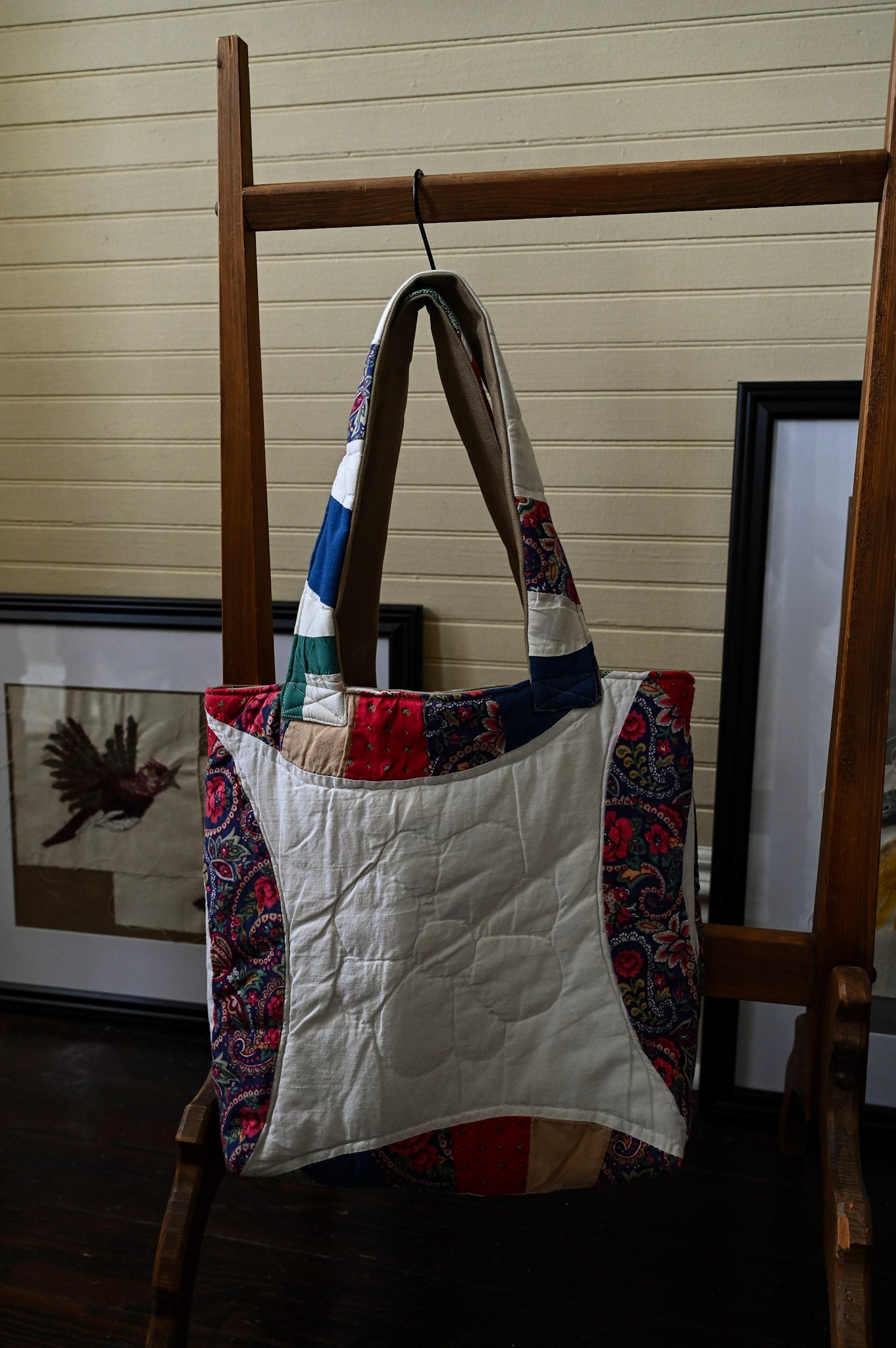 Handmade quilt tote, small market bag upcycled repurposed patchwork fully lined inside pocket red blue tan floral ring