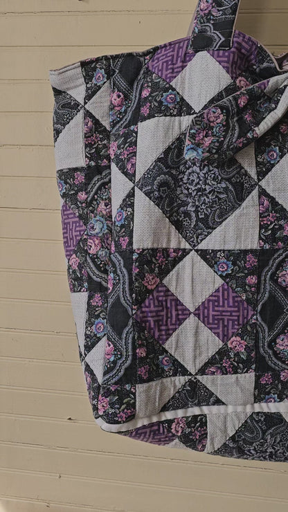 Handmade quilt bag, purple black patchwork repurposed refashioned upcycled large oversized carryall fully lined gray canvas tie closure inside pocket granny chic