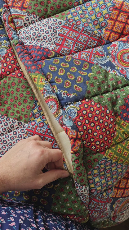 Vintage sleeping bag Snug Sack one size adult 70s patchwork quilted thick floral paisley wearable blanket zipper snaps camping red navy primary colors retro