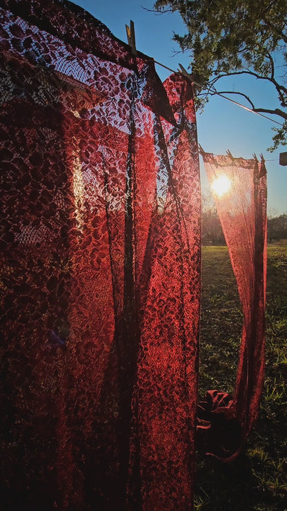 Vintage curtains set of 4 burgundy red floral lace dark moody romantic gothic rod pocket long panels country farmhouse Victorian style