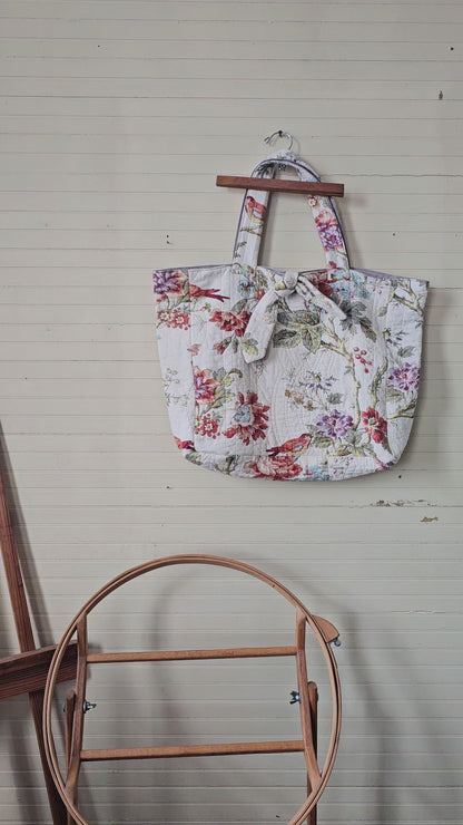 Handmade quilt tote, upcycled repurposed large oversized coverlet floral paisley nature bird red brown earth tones tie closure inside pocket