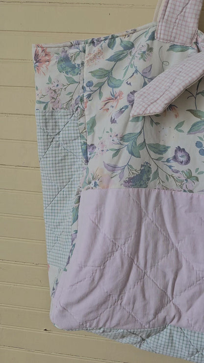 Handmade quilt bag, green pink patchwork floral large oversized carryall tote fully lined cream canvas tie closure inside pocket refashioned repurposed upcycled granny chic