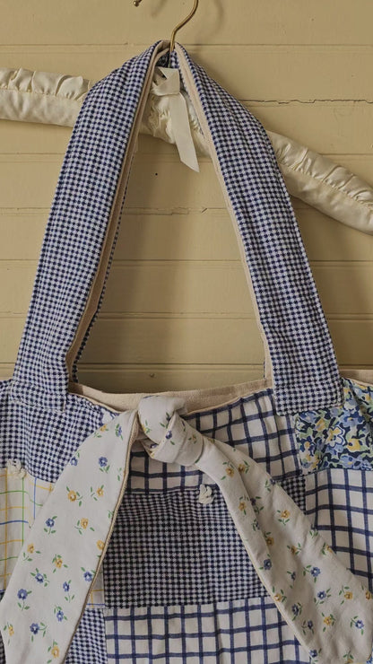 Handmade quilt bag, blue yellow upcycled repurposed refashioned patchwork large oversized carryall  tie closure inside pocket fully lined canvas granny chic