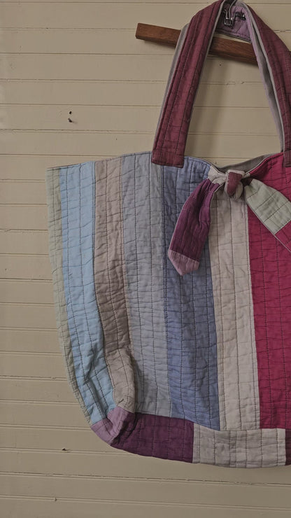 Handmade quilt bag, tote large oversized carry all striped upcycled repurposed rainbow multi-colored fully lined canvas inside pocket tie closure