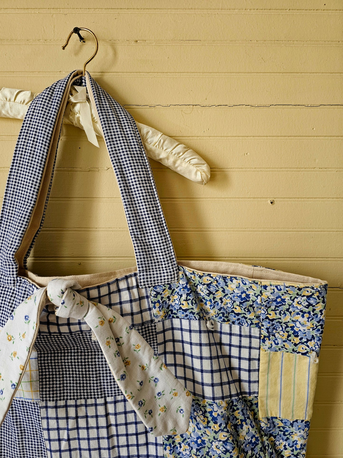 Handmade quilt bag, blue yellow upcycled repurposed refashioned patchwork large oversized carryall  tie closure inside pocket fully lined canvas granny chic