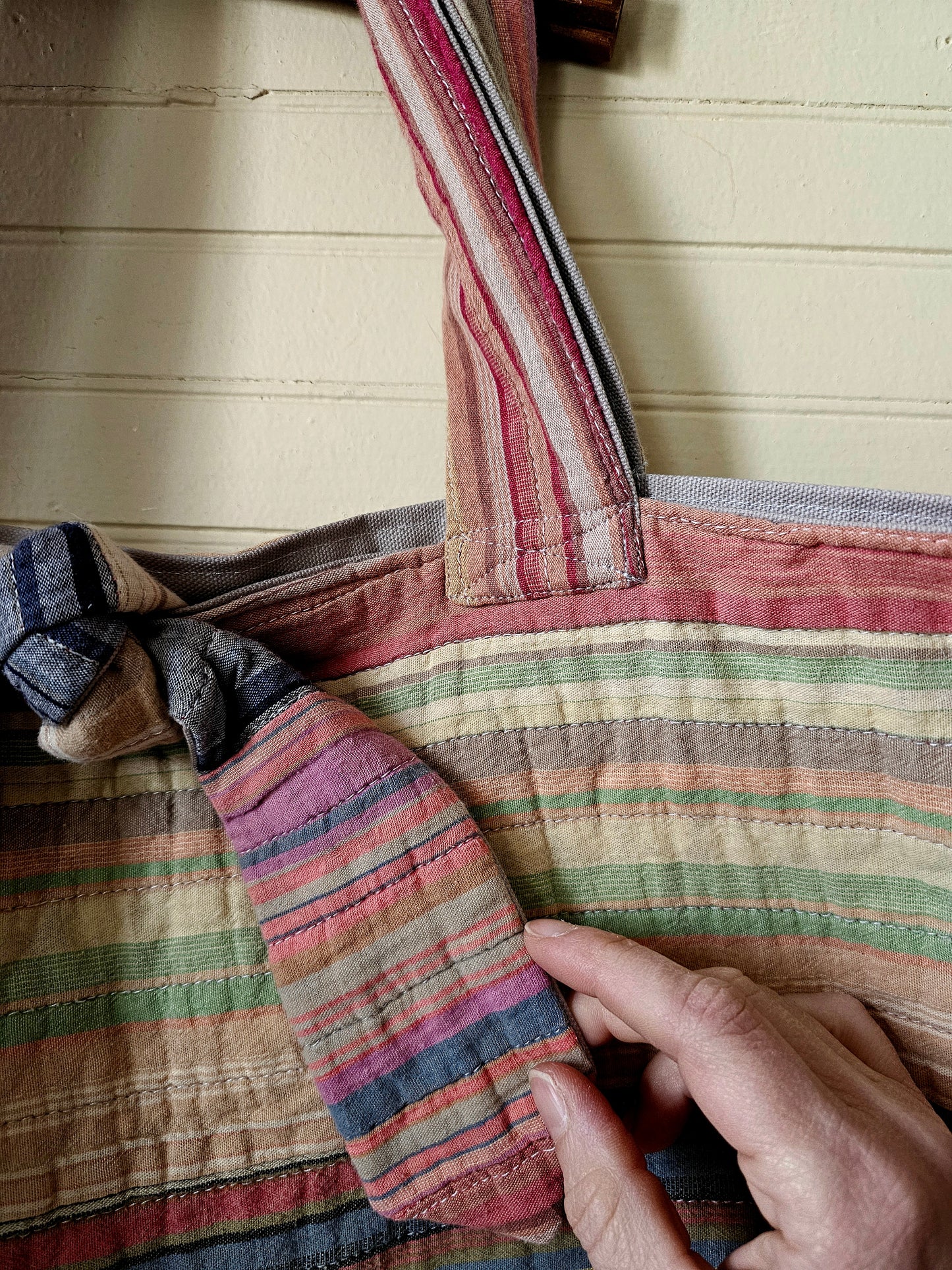 Handmade quilt bag, tote carryall large oversized upcycled repurposed lined pocket stripes rainbow colorful tie closure