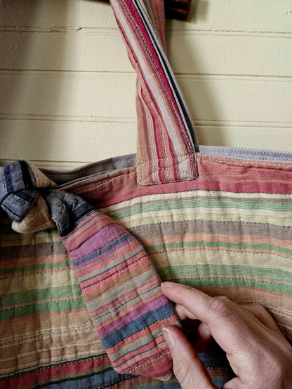 Handmade quilt bag, tote carryall large oversized upcycled repurposed lined pocket stripes rainbow colorful tie closure
