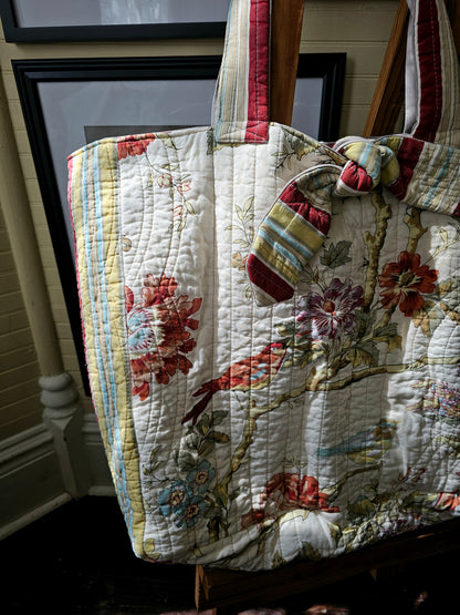 Handmade quilt bag, red brown earth tones quilted coverlet floral paisley large oversized carryall tote fully lined canvas tie closure inside pocket refashioned repurposed upcycled granny chic