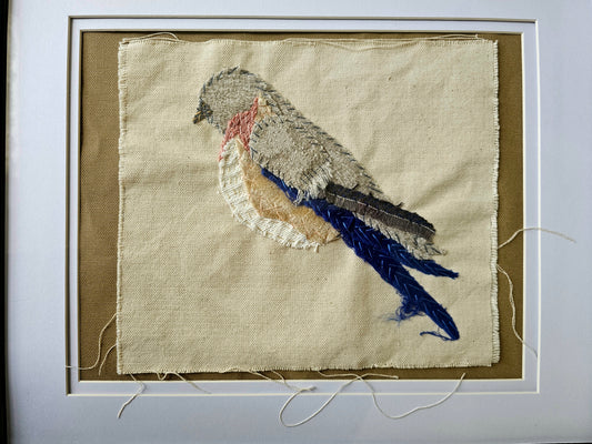 Bluebird, female original art hand embroidered raw edge applique upcycled fabrics textile art