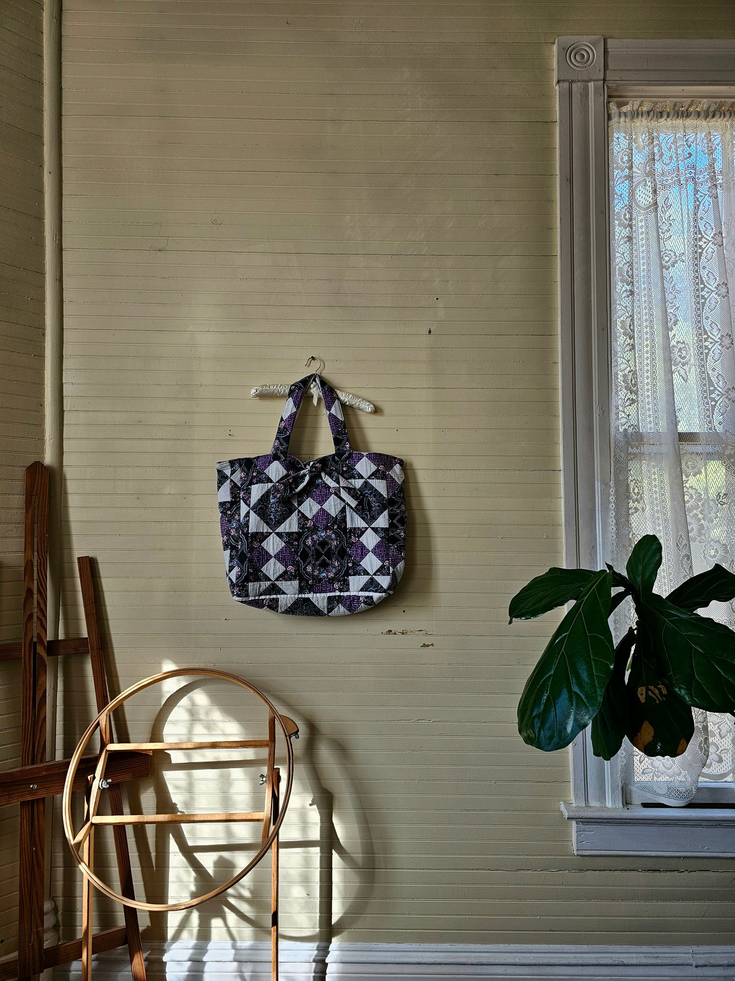 Handmade quilt bag, purple black patchwork repurposed refashioned upcycled large oversized carryall fully lined gray canvas tie closure inside pocket granny chic