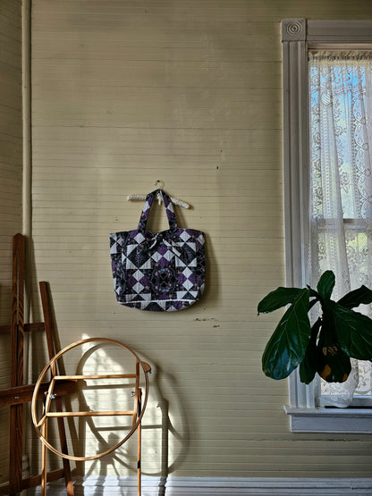 Handmade quilt bag, purple black patchwork repurposed refashioned upcycled large oversized carryall fully lined gray canvas tie closure inside pocket granny chic