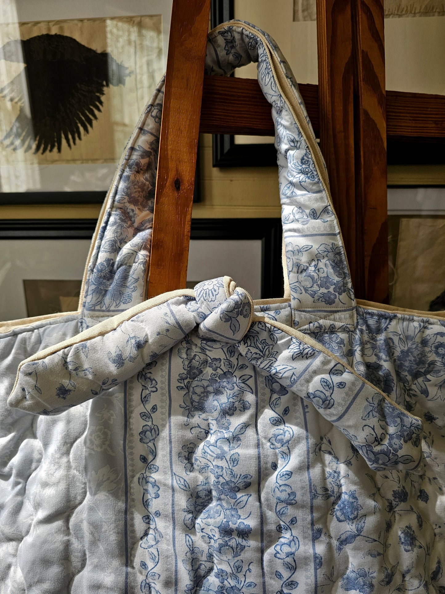 Handmade quilt bag, blue white quilted floral large oversized carryall tote fully lined cream canvas inside pocket tie closure grandmillennial