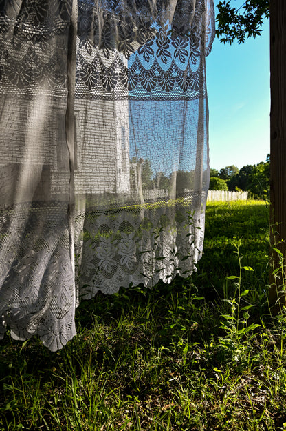 Vintage curtains, lace white floral rose set of 4 panels valance swag tiered scallop edge romantic