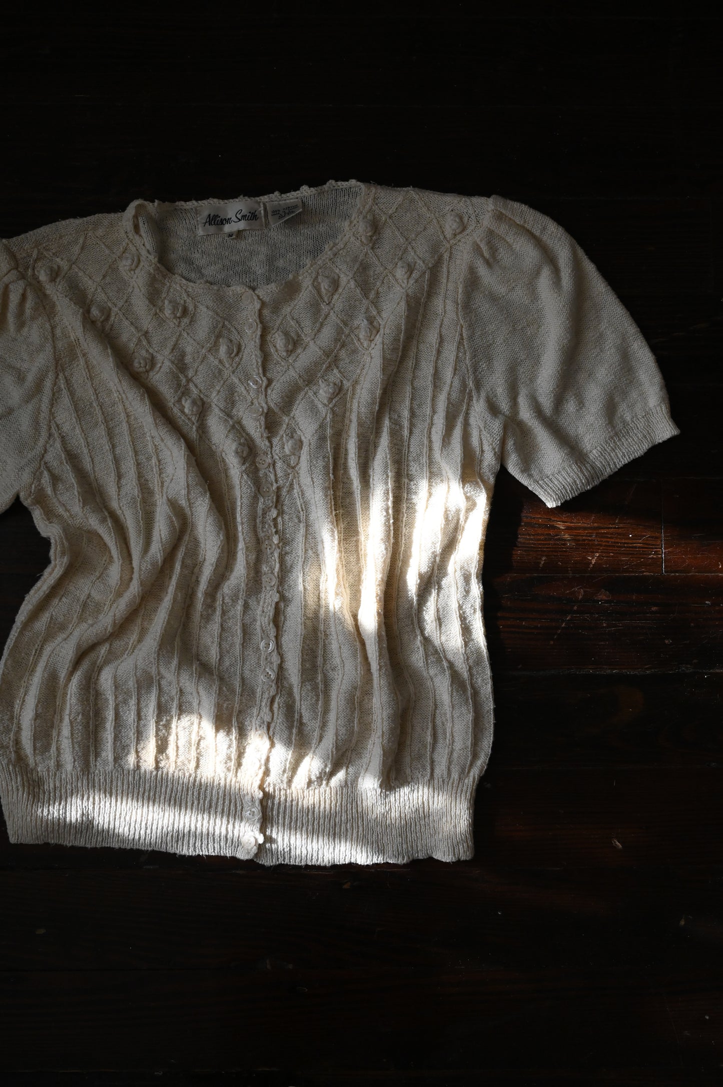 Vintage sweater top, Allison Smith medium acrylic knit cream button up short sleeves floral rosettes romantic granny chic