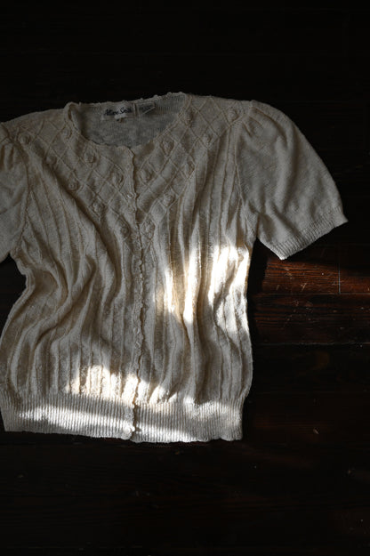 Vintage sweater top, Allison Smith medium acrylic knit cream button up short sleeves floral rosettes romantic granny chic