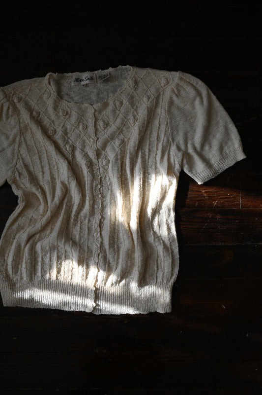 Vintage sweater top, Allison Smith medium acrylic knit cream button up short sleeves floral rosettes romantic granny chic