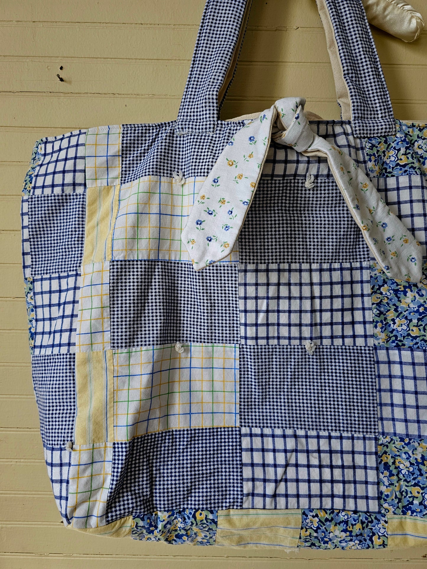 Handmade quilt bag, blue yellow upcycled repurposed refashioned patchwork large oversized carryall  tie closure inside pocket fully lined canvas granny chic