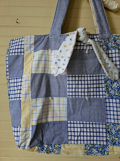 Handmade quilt bag, blue yellow upcycled repurposed refashioned patchwork large oversized carryall  tie closure inside pocket fully lined canvas granny chic