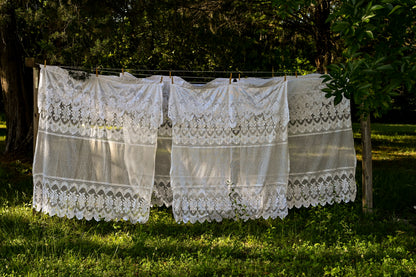Vintage curtains, lace white floral rose set of 4 panels valance swag tiered scallop edge romantic