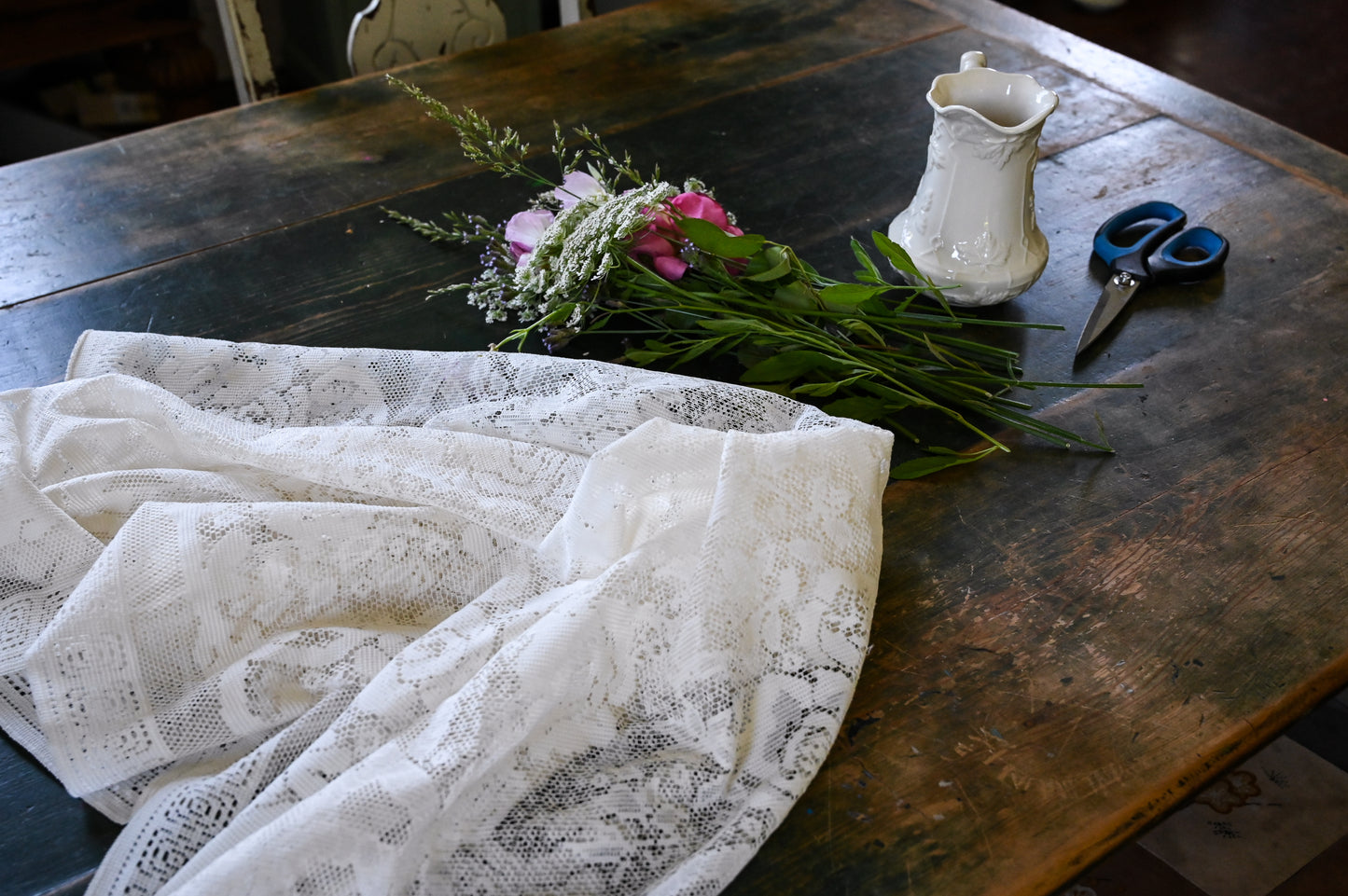 Vintage tablecloth, rectangle floral rose lace creamy white romantic dreamy country granny