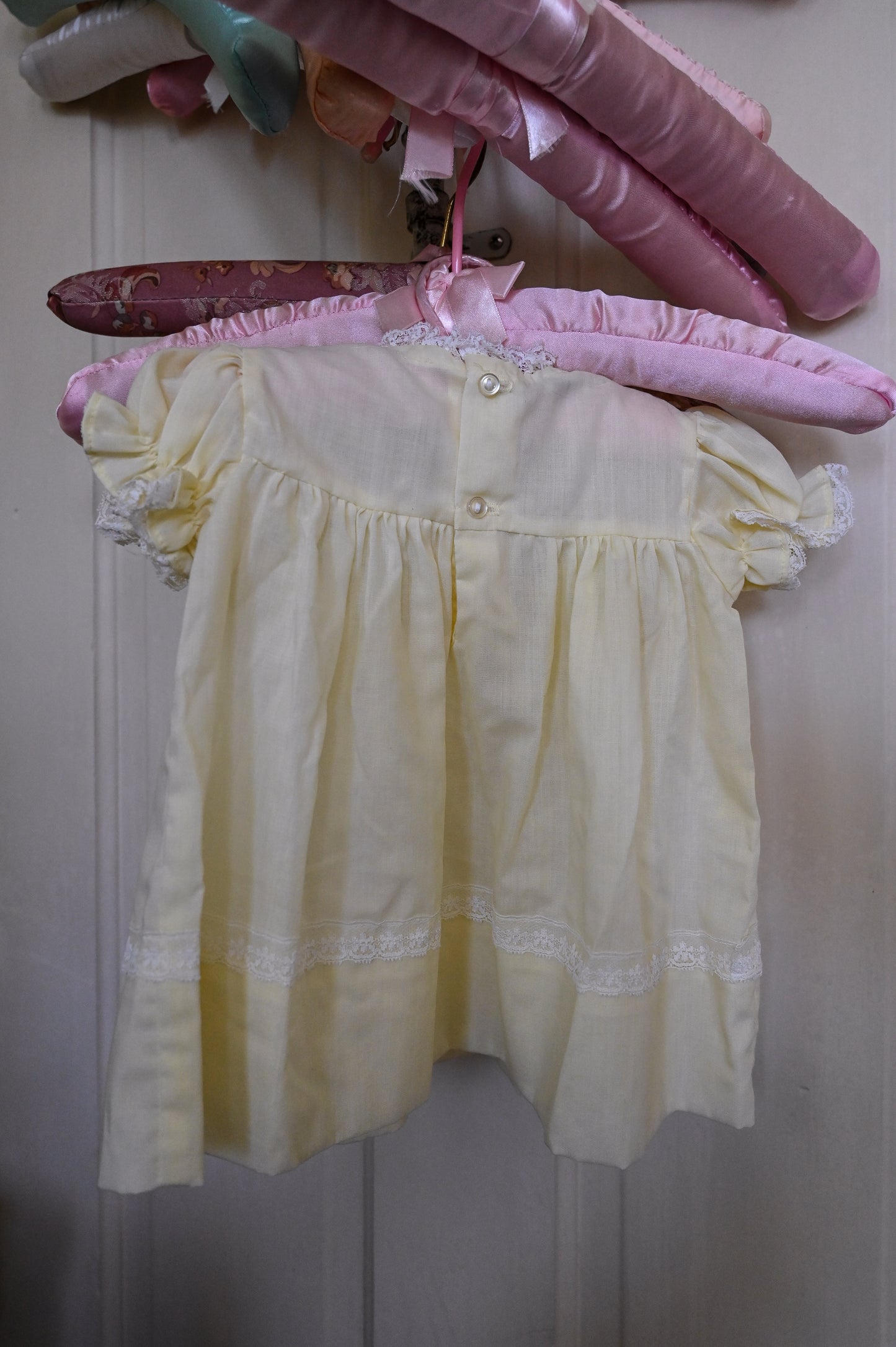 Vintage baby dress, Polly Flanders 3 to 9 mos yellow lace smocked floral button back short sleeves