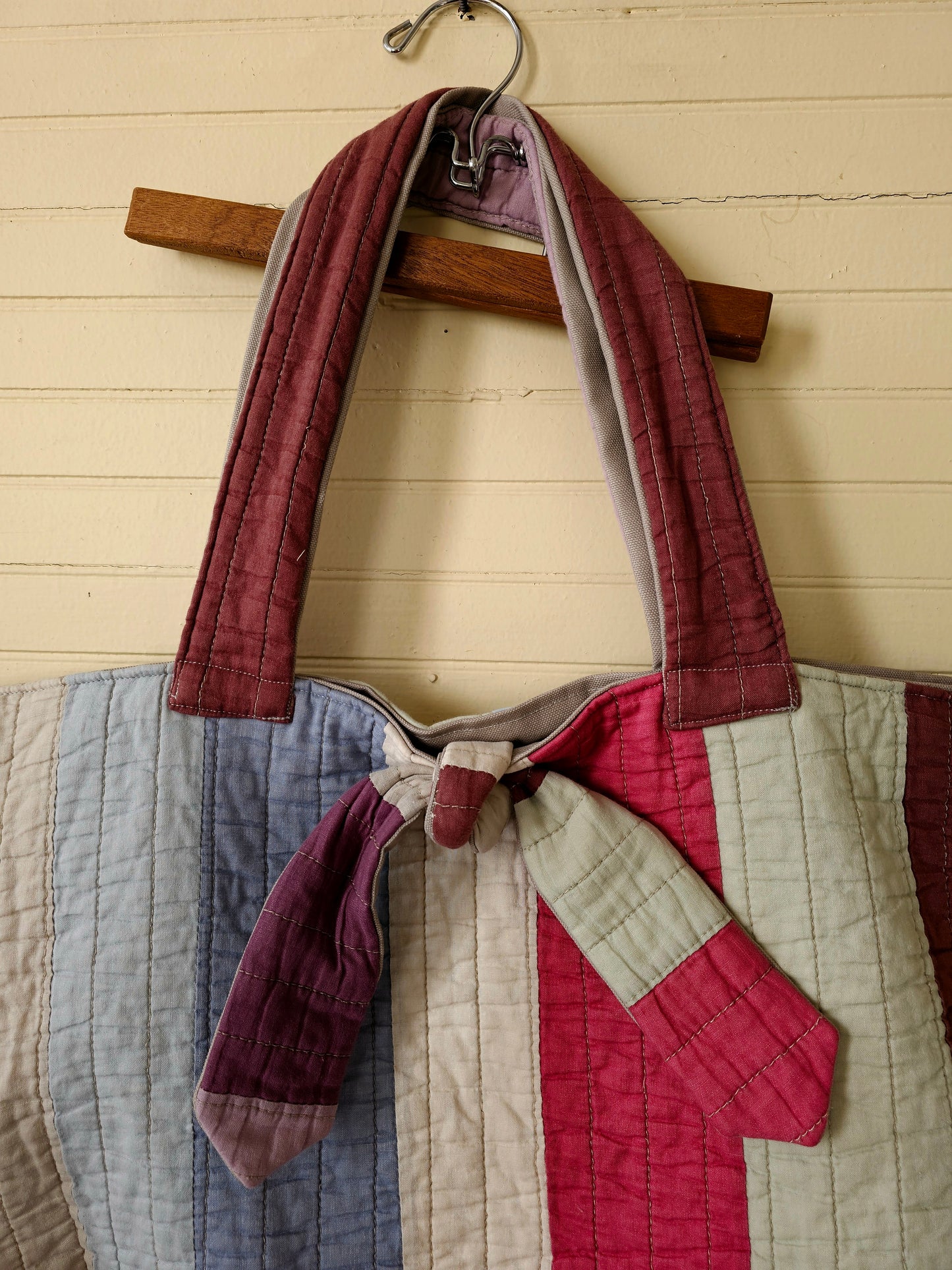 Handmade quilt bag, tote large oversized carry all striped upcycled repurposed rainbow multi-colored fully lined canvas inside pocket tie closure