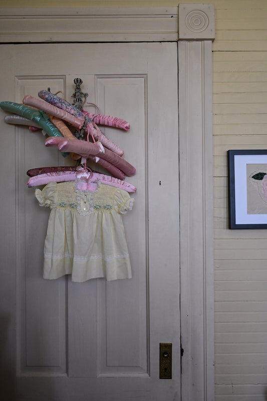 Vintage baby dress, Polly Flanders 3 to 9 mos yellow lace smocked floral button back short sleeves