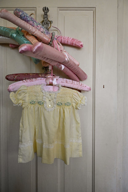 Vintage baby dress, Polly Flanders 3 to 9 mos yellow lace smocked floral button back short sleeves