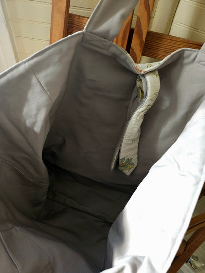 Handmade quilt tote, upcycled repurposed large oversized coverlet floral paisley nature bird red brown earth tones tie closure inside pocket