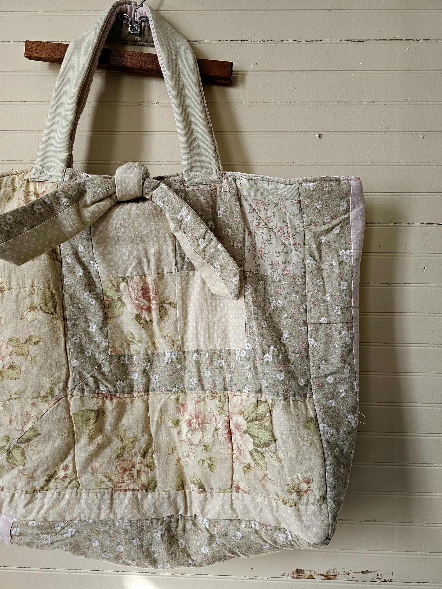 Handmade quilt bag, large oversized tote upcycled repurposed green floral nature earth tones fully lined canvas inside pocket tie closure granny chic