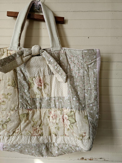 Handmade quilt bag, large oversized tote upcycled repurposed green floral nature earth tones fully lined canvas inside pocket tie closure granny chic