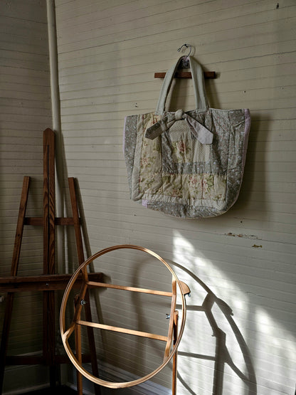 Handmade quilt bag, large oversized tote upcycled repurposed green floral nature earth tones fully lined canvas inside pocket tie closure granny chic