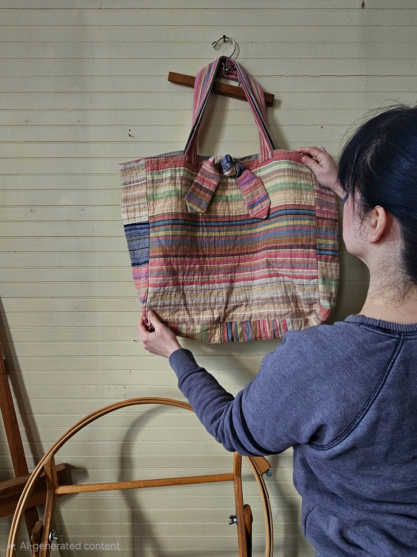 Handmade quilt bag, tote carryall large oversized upcycled repurposed lined pocket stripes rainbow colorful tie closure