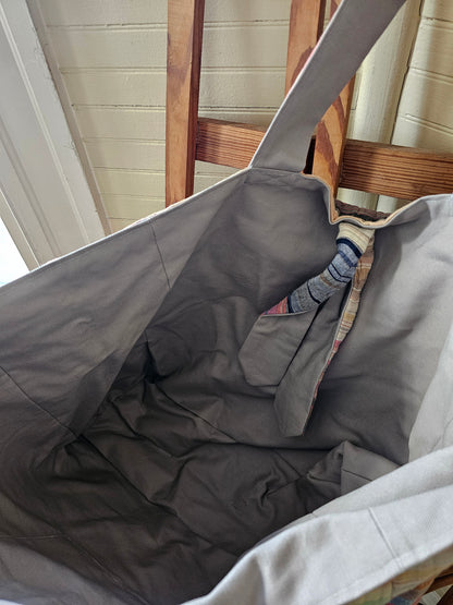 Handmade quilt bag, tote carryall large oversized upcycled repurposed lined pocket stripes rainbow colorful tie closure