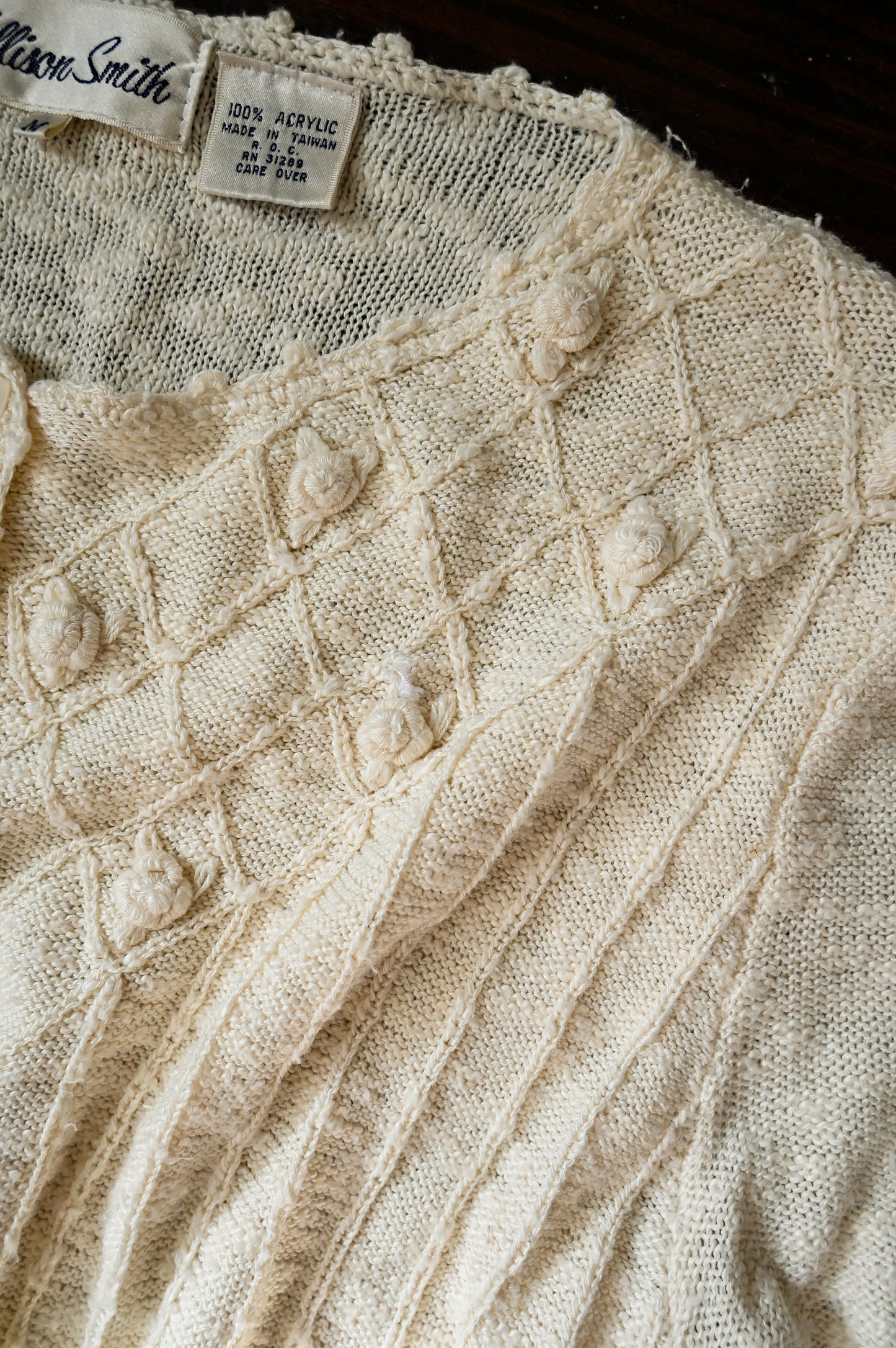 Vintage sweater top, Allison Smith medium acrylic knit cream button up short sleeves floral rosettes romantic granny chic