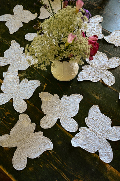 Vintage butterfly appliques, coasters cocktail napkins Lillian Vernon set of 12 white embroidered whimsical romantic country