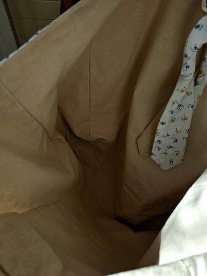 Handmade quilt bag, blue yellow upcycled repurposed refashioned patchwork large oversized carryall  tie closure inside pocket fully lined canvas granny chic