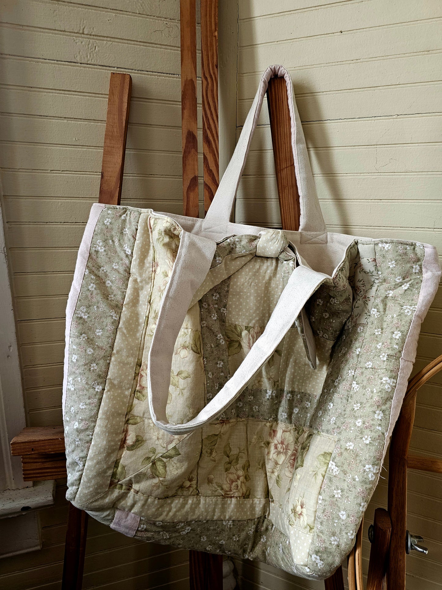 Handmade quilt bag, large oversized tote upcycled repurposed green floral nature earth tones fully lined canvas inside pocket tie closure granny chic