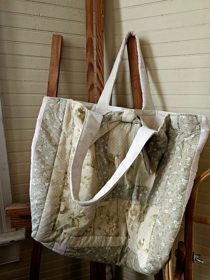 Handmade quilt bag, large oversized tote upcycled repurposed green floral nature earth tones fully lined canvas inside pocket tie closure granny chic
