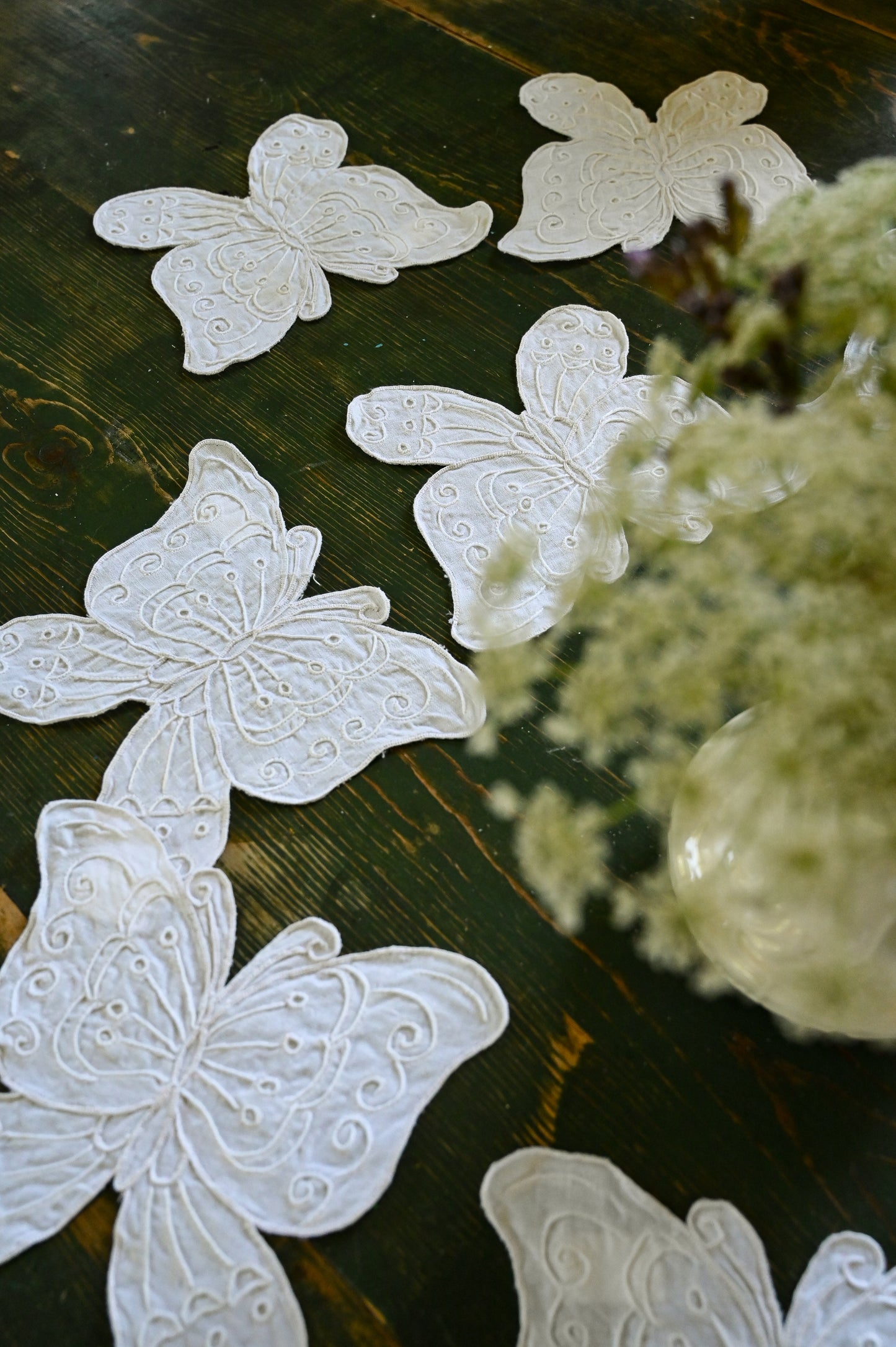 Vintage butterfly appliques, coasters cocktail napkins Lillian Vernon set of 12 white embroidered whimsical romantic country