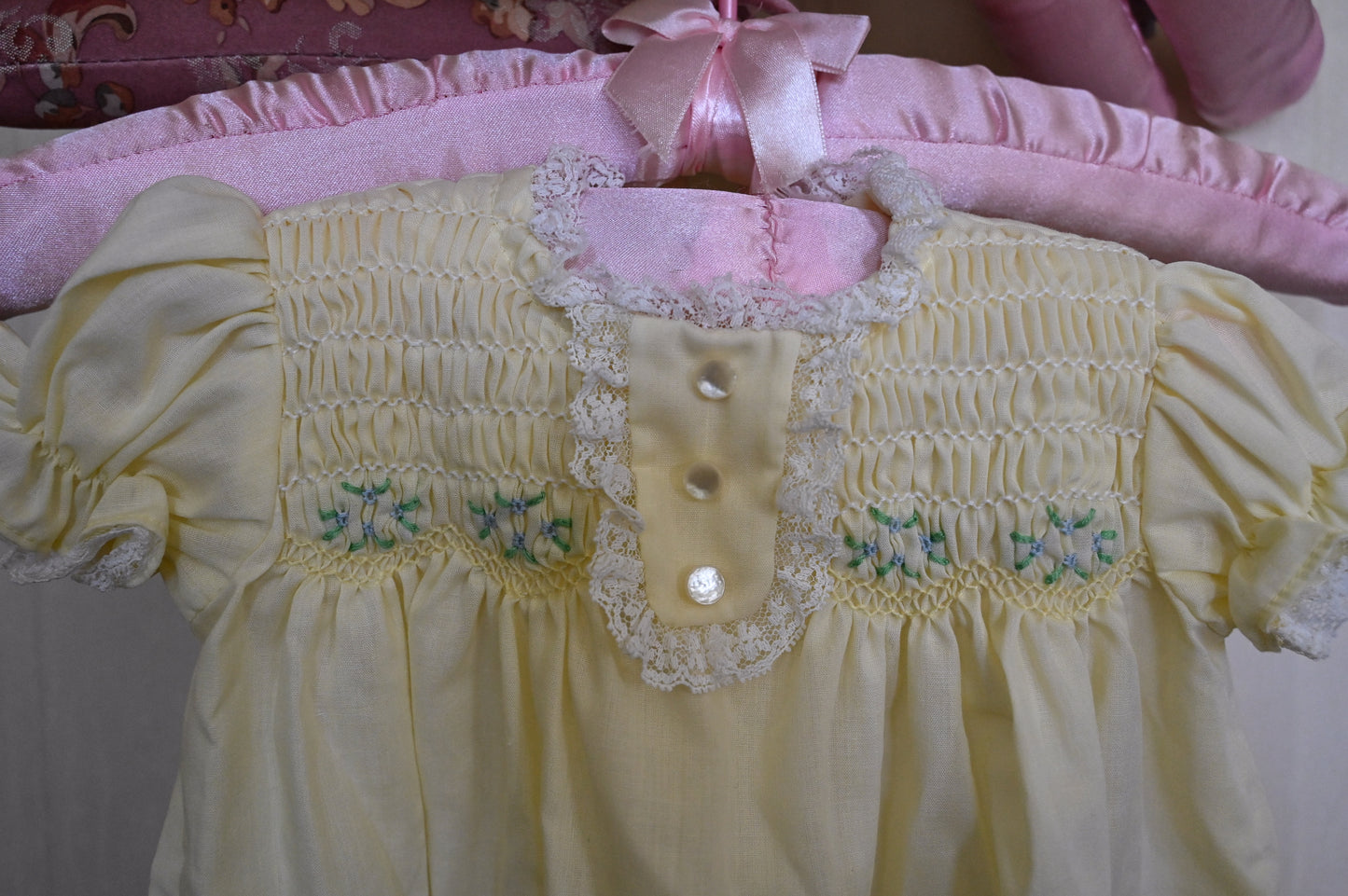 Vintage baby dress, Polly Flanders 3 to 9 mos yellow lace smocked floral button back short sleeves