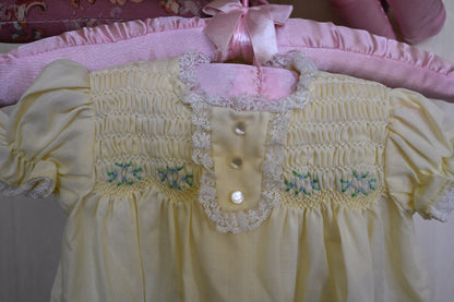 Vintage baby dress, Polly Flanders 3 to 9 mos yellow lace smocked floral button back short sleeves