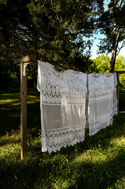 Vintage curtains, lace white floral rose set of 4 panels valance swag tiered scallop edge romantic