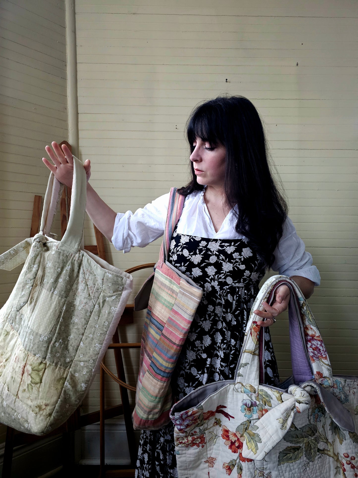 Handmade quilt bag, large oversized tote upcycled repurposed green floral nature earth tones fully lined canvas inside pocket tie closure granny chic