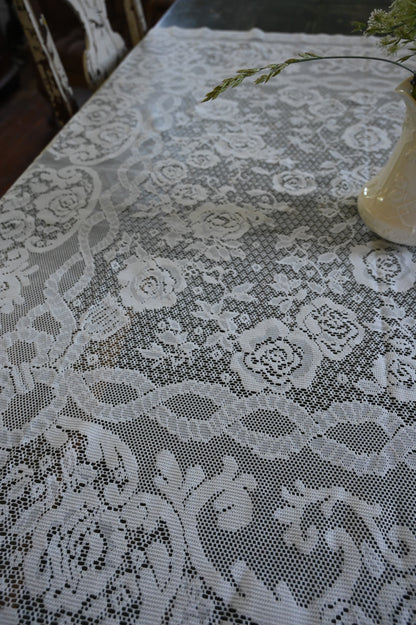 Vintage tablecloth, rectangle floral rose lace creamy white romantic dreamy country granny
