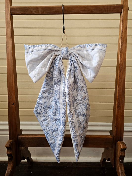 Handmade bow, blue white floral paisley quilt fabric door decor large wreath upcycled farmhouse shabby granny chic Easter springtime summer