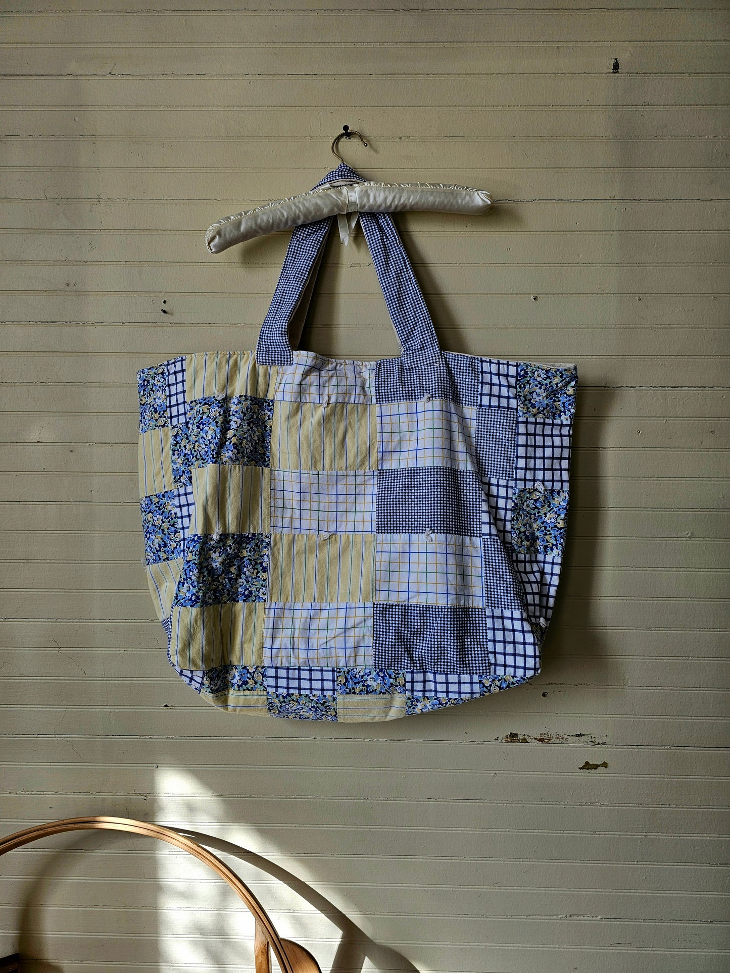 Handmade quilt bag, blue yellow upcycled repurposed refashioned patchwork large oversized carryall  tie closure inside pocket fully lined canvas granny chic