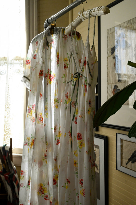 Vintage peignoir set, Juli Jr. size 9 floral red green maxi ankle length nightgown robe set of 2 sheer lace 70s
