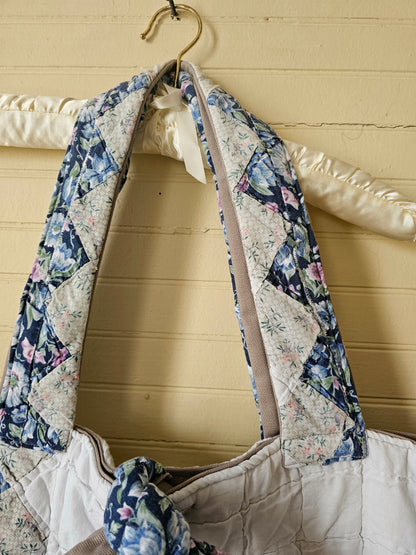 Handmade quilt bag, blue pink white patchwork floral large oversized carryall tote fully lined cream canvas inside pocket tie closure grandmillennial